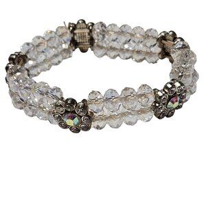 Elegant Vintage Beaded Stretch Bracelet Crystal Bead Rhinestone Flower Accents